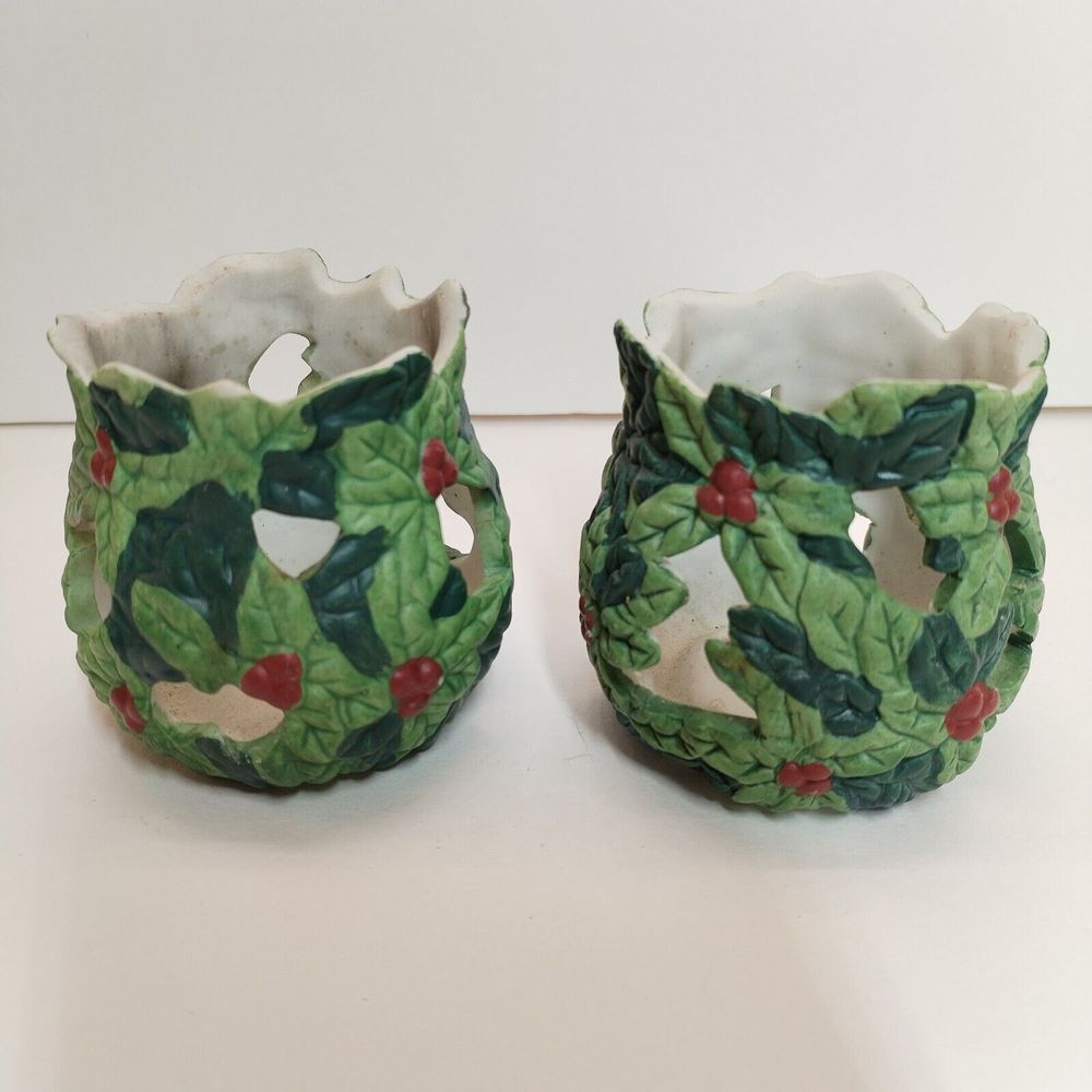 Set of Christmas Votive Candle Holders Holly & Berries Decor Ceramic 3" Tall